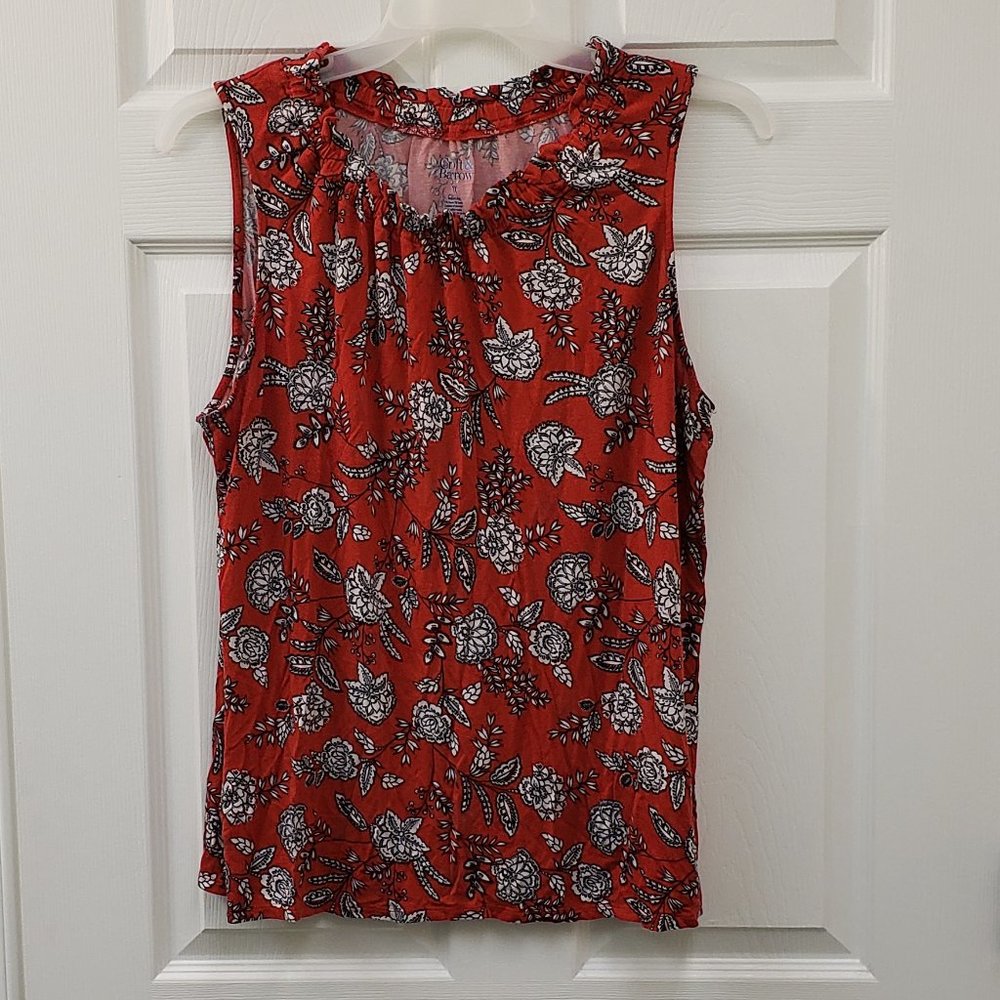 Croft & Barrow, Red with white flowers, sleeveless, ruffle neck blouse, 1X